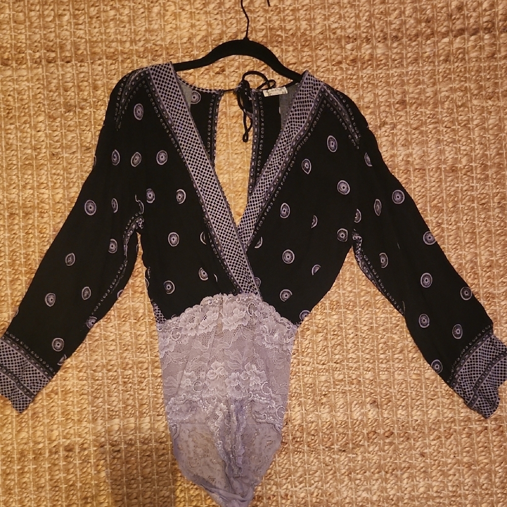 Free People Black and Lavender Lace Long Sleeve Bodysuit